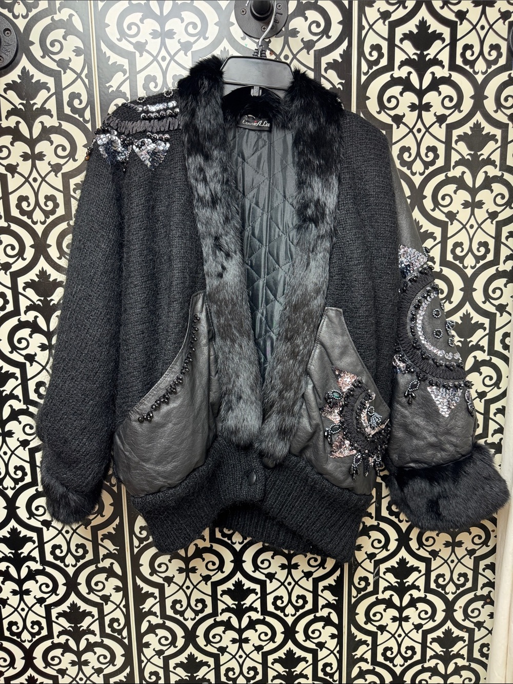 Luxury Black Embellished Women's Sweater Jacket with Mohair Fur Trim